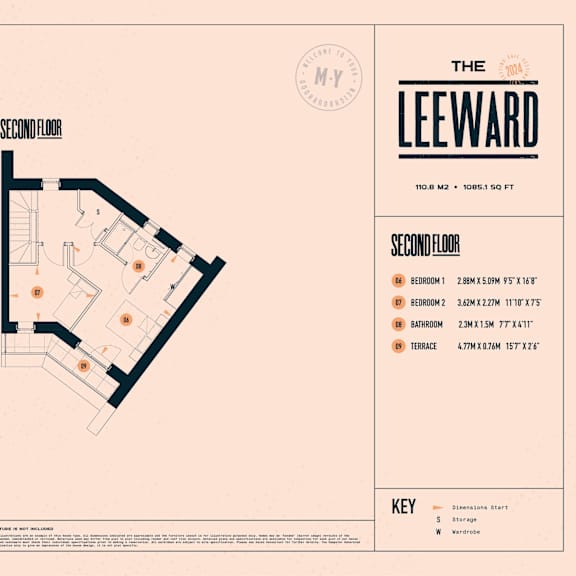 Thumbnail 5 of 5 A floor plan for the second floor of The Leeward, showing room sizes and locations.