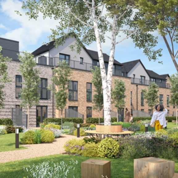 Thumbnail 3 of 5 an artist impression of a building with a garden and trees