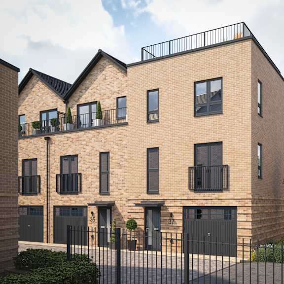 Thumbnail 1 of 5 A modern brick building with black railings and windows.