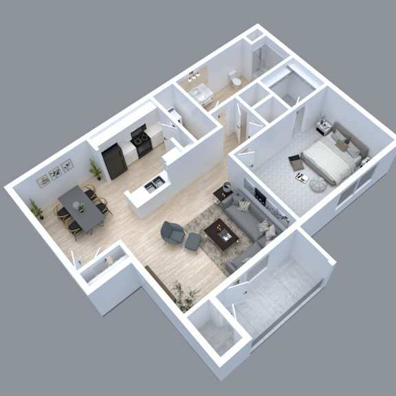 Thumbnail 1 of 3 A 3D floor plan of a house with a kitchen, living room, and two bedrooms.