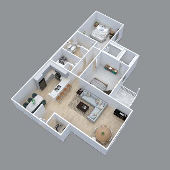 Thumbnail 1 of 3 A 3D floor plan of a house with multiple rooms.
