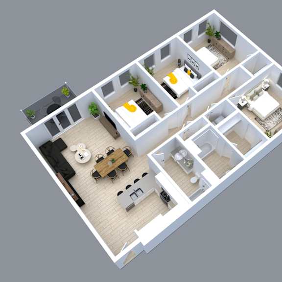 Thumbnail 1 of 3 A 3D floor plan of a house with a kitchen, living room, dining room, and two bedrooms.