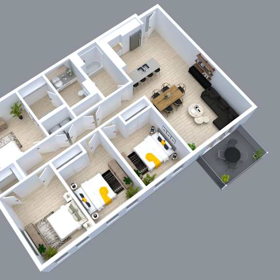 Thumbnail 1 of 3 A 3D floor plan of a house with multiple rooms.