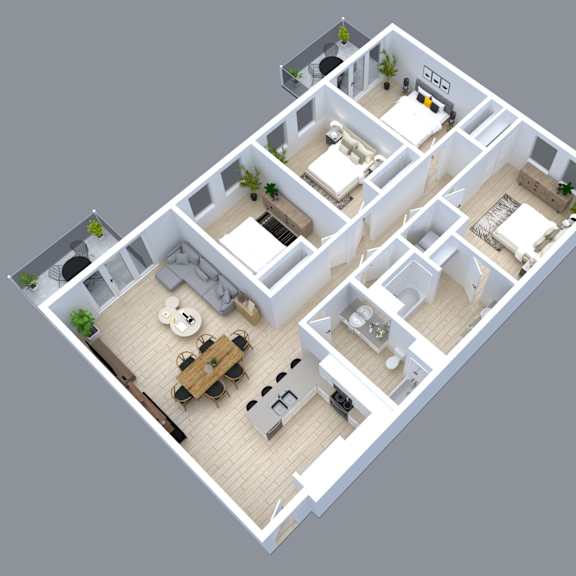 Thumbnail 1 of 3 A 3D floor plan of a house with a kitchen, living room, dining room, and two bedrooms.