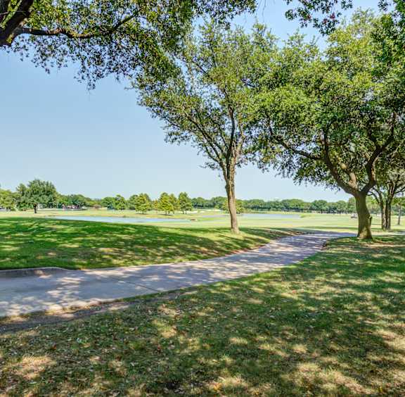 a path through a park with trees and a lake