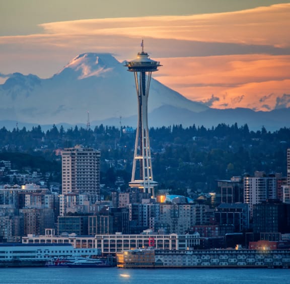 the space needle and mount rainier in the city