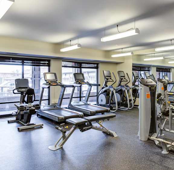A gym with treadmills, exercise bikes, and weight machines.