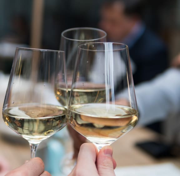 two people holding wine glasses in a restaurant