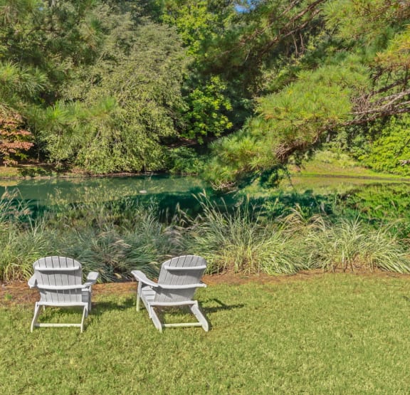 Two Chairs Sitting on the Grass Next to a Pondat Lullwater at Calumet Apartments in Newnan, GA, 30263