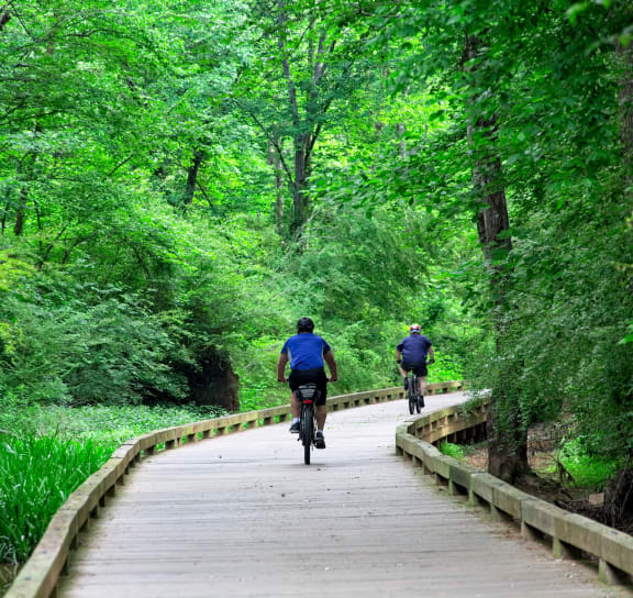 three people riding bikes on a wooden bridge