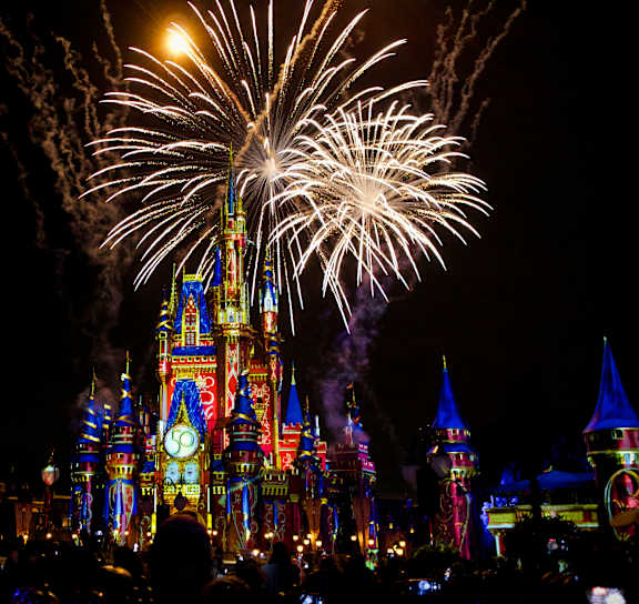 A castle-like structure with fireworks in the background.