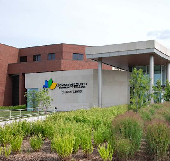 The Johnson County Student Center is a modern building with a large front entrance.