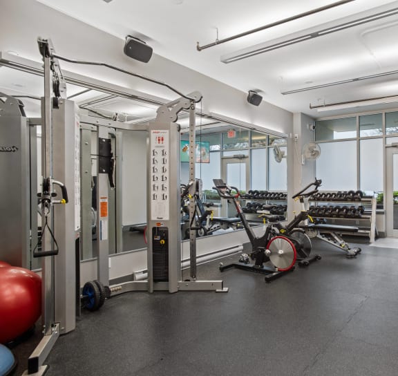 a gym with weights and cardio equipment on the floor and windows
