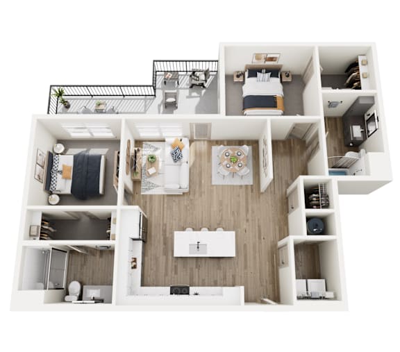 A top-down view of a small apartment with a kitchen, living room, and bathroom.