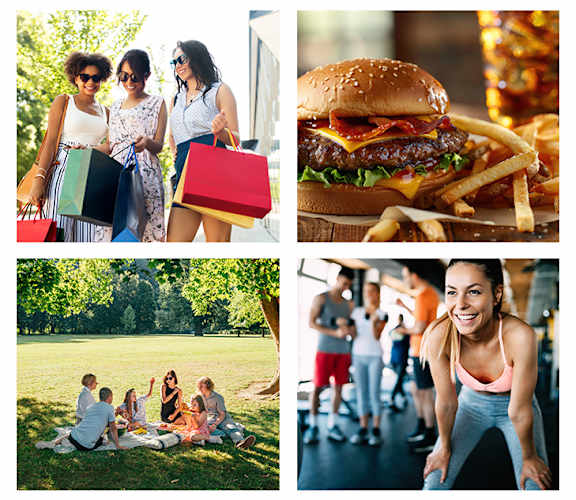 Four images depicting shopping, eating, outdoor activities, and exercise.