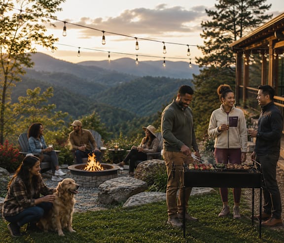 a group of people are gathered around a barbecue