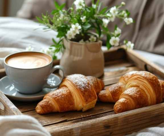 A wooden tray with two croissants and a cup of coffee on a bed.