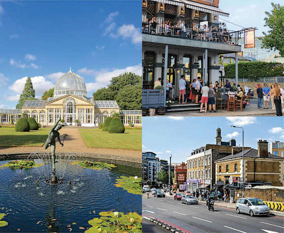 A collage of four images depicting outdoor scenes with people and buildings.