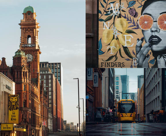 a city street with a bus and a building with a clock tower