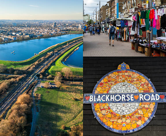 A collage of two images, one showing a river and the other a street with a sign that reads "Blackhorse Road".