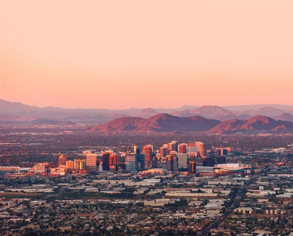 a view of the las vegas skyline at sunset