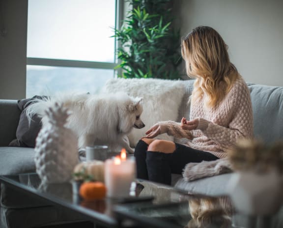 a woman sitting on a couch with her dog
