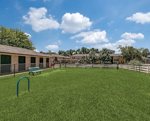 A playground with a green lawn and a fence.