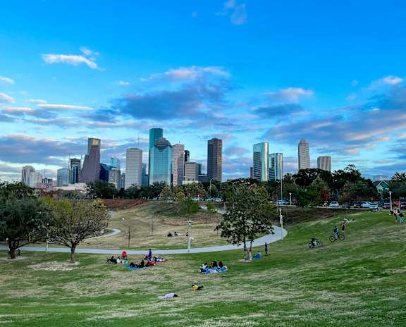 A park with people sitting on the grass and a city skyline in the background.