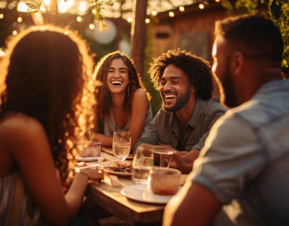 people sitting around a table talking and laughing at a restaurant