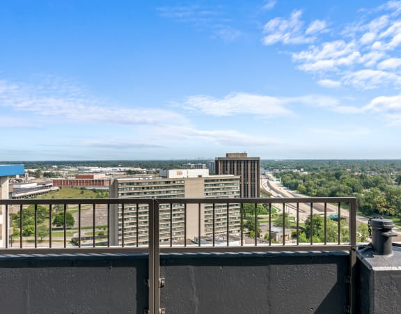 a view of the city from the top of the building