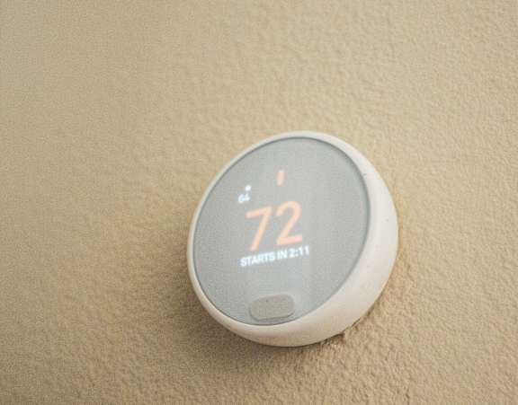 A digital thermostat displays a temperature of 72 degrees.