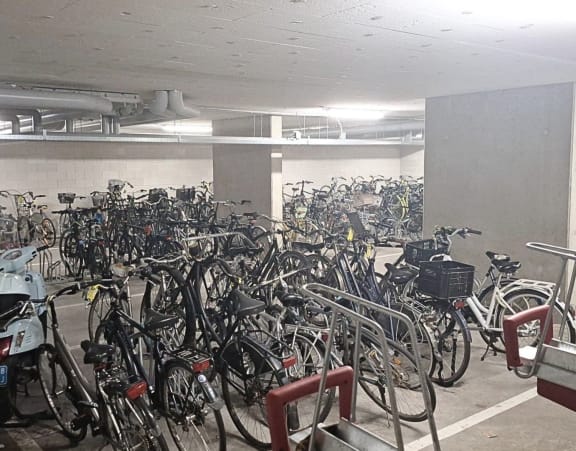 the bike rack at the back of the store filled with bikes