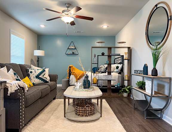 Living and sleeping area in studio apartment with accent wall