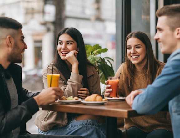 Four people are sitting at a table with food and drinks.