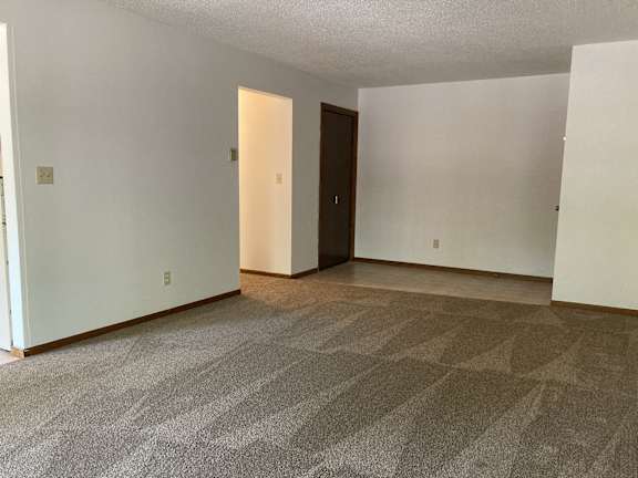 an empty living room with carpet and white walls