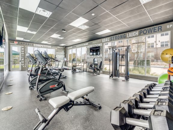 a large fitness room with cardio equipment and large windows