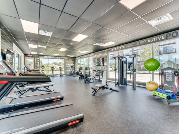 a large fitness room with cardio equipment and large windows