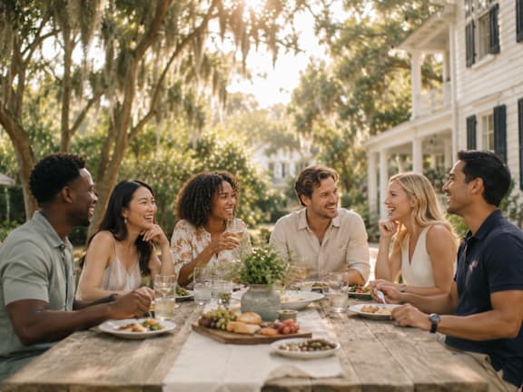 A group of people are sitting around a table enjoying a meal together.
