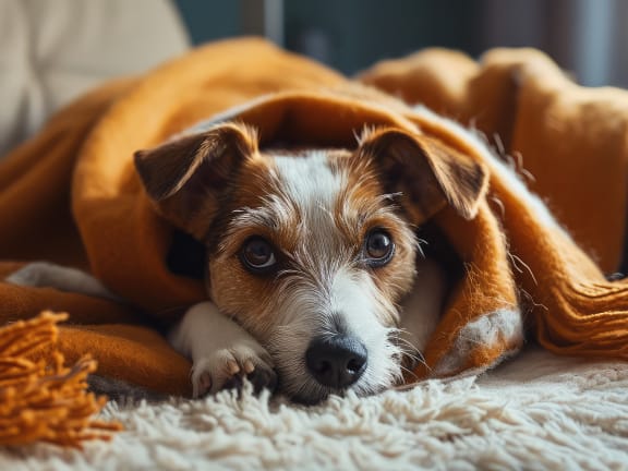 a small dog laying under a blanket on a couch