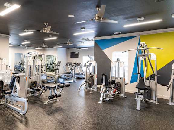 A gym with a variety of equipment including weights and cardio machines.