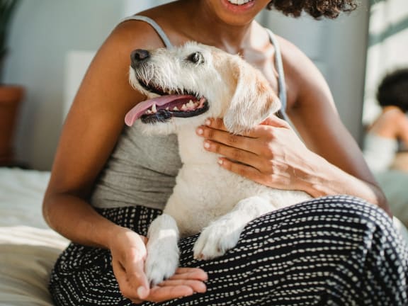 a woman sitting on a bed holding a white dog