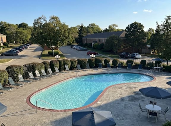 A swimming pool surrounded by chairs and umbrellas.