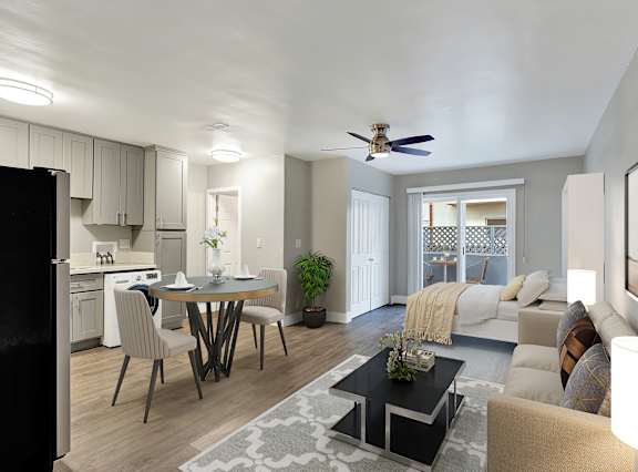 A modern living room with a dining table and chairs.
