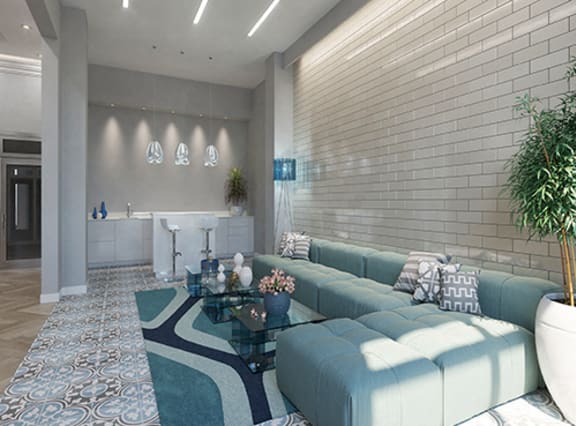 a living room with a blue couch and a glass coffee table at The Residences of Wilmette, Wilmette, Illinois