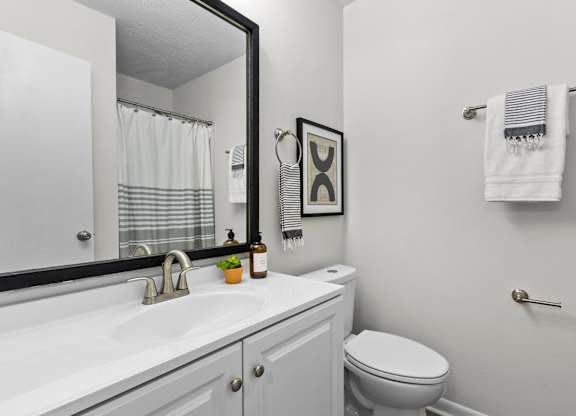 A bathroom with a toilet, sink, and towel rack at West Oak Apartments, Wake Forest, NC