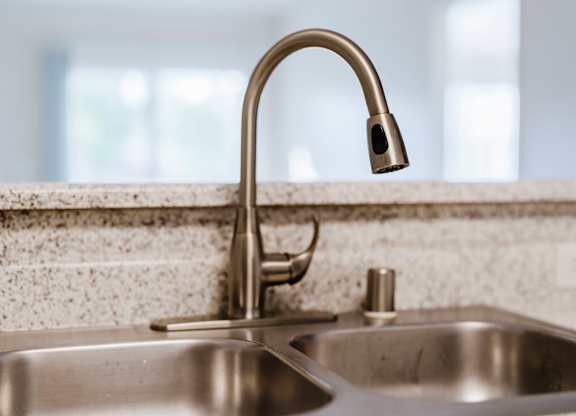 A kitchen sink with a chrome faucet. at Legends at Rancho Belago, Moreno Valley, California