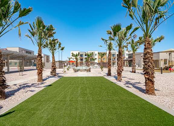 A row of palm trees line a grassy area in front of a building.