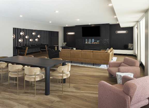 A modern living room with a black table and chairs.