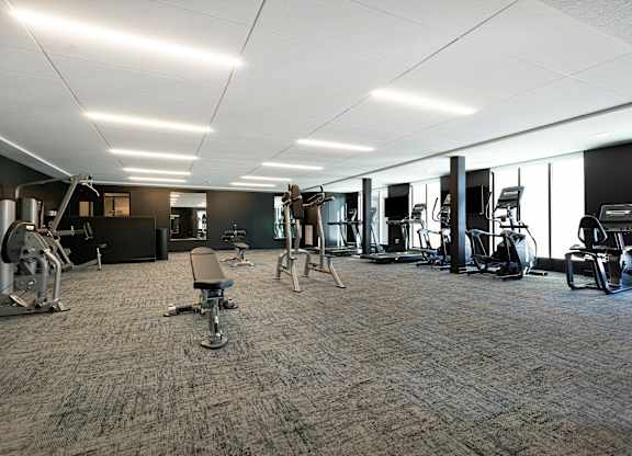 A spacious gym with a variety of equipment.