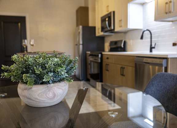 A kitchen with a plant on the table at The Dean at Creekview Apartments, Newark, 19711